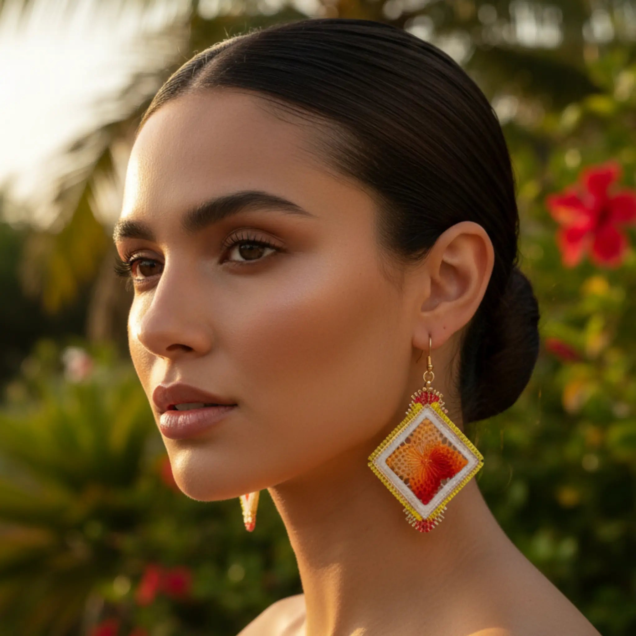 Boucles d'oreilles brodées - Motif fleur  orange dégradé brodandchic